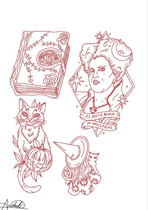 Simple Hocus Pocus Tattoo, Hocus Pocus Drawings, Hocus Pocus Tattoo, Hocus Pocus Characters, Easy Tattoo, Halloween Flash, Flash Sheets, Beginner Tattoos, Disney Drawings Sketches