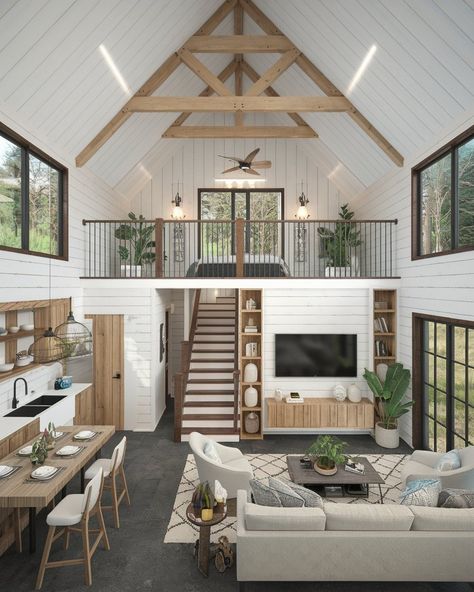 Facebook Small Home Vaulted Ceiling, Loft Home Interior, Living Room With Loft Above, Cabin Weekend Food, Tiny Loft House Design, Cabin Weekend Activities, Loft Overlooking Living Room, Small Houses Interiors, Great Room With Loft