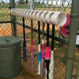 4 inch PVC pipe to hold bats in dugout. That's a great idea for the little fields or even the big Dugout Organization, Softball Dugout, Team Mom Baseball, Baseball Dugout, Backyard Baseball, Softball Crafts, Softball Drills, Baseball Tips, Baseball Crafts