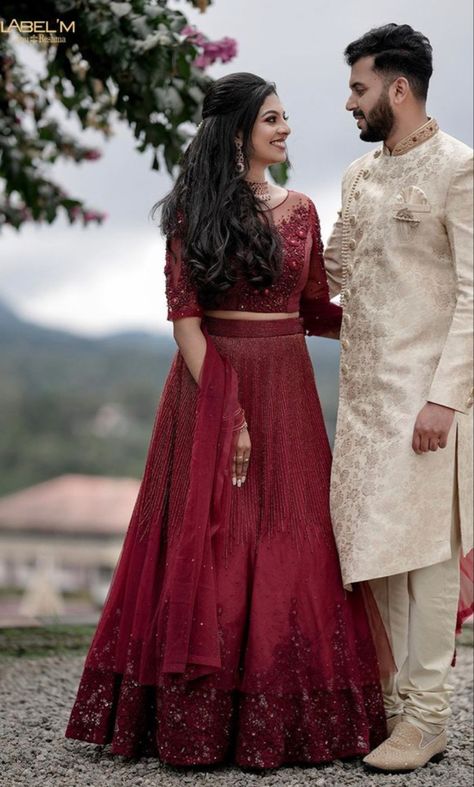 Wine Red Engagement Dress, Indian Engagement Couple Outfit, Lehanga For Reception Bridal Couple, Kerala Engagement Couple Dress, Prewedding Outfit Ideas Indian, Indian Wedding Gowns Engagement, Couple Dress Matching Indian Simple, Couple Engagement Dress Indian, Kerala Engagement Dress Hindus Couple