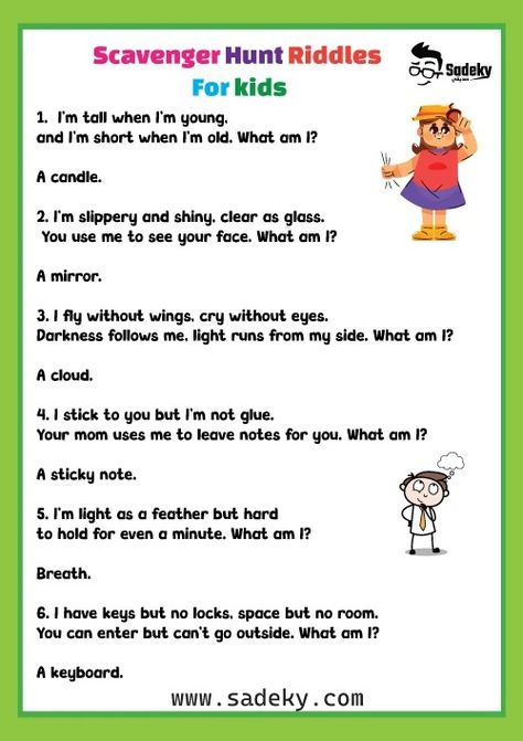 Easy Indoor Scavenger Hunt Riddles For Kids Printable | Sadeky School Scavenger Hunt Riddles, Treasure Hunt Riddles, Indoor Scavenger Hunt, Scavenger Hunt Riddles, School Scavenger Hunt, Rhyming Riddles, 3a Hair, Riddles For Kids, Scavenger Hunt Games