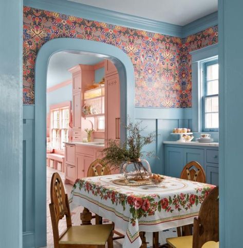 Color + Pattern | 2024 | HGTV Colorful French Kitchen, Dining Room Maximalist, Multicolor Wallpaper, Retro Pink Kitchens, Dining Room Wall Color, Blue Dining Room, Ikea Dollhouse, Colorful Trim, Eclectic Homes