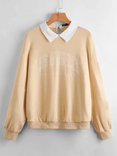 SHEIN Contrast Collar Letter Graphic Pullover | SHEIN EUR Sweat Vintage, Hoodie Store, Kawaii Hoodie, Beige Sweatshirt, Oversized Clothes, Pull Beige, Vintage Los Angeles, Moda Retro, Retro Mode