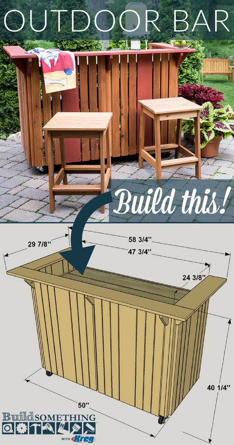 DIY Outdoor Bar | Free printable project plans at buildsomething.com | Step up your entertaining swagger with an outdoor bar that’s sure to be the hit of any backyard event. It’s made from cedar so it looks great and will last, and it has a tile top for easy cleanup. You can build one for yourself using just a few tools and by making basic cuts. Palet Bar, Outdoor Bar Plans, Bar En Plein Air, Outdoor Wood Projects, Pallet Bar Diy, Diy Outdoor Bar, Lake Ideas, Backyard Layout, Outside Bars