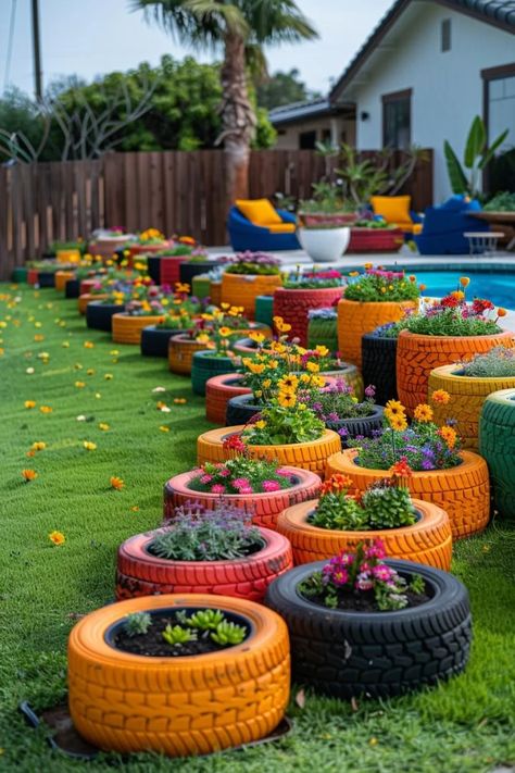 33 Creative DIY Yard Art Ideas You’ll Love To Craft 10 Repurposed Landscaping Ideas, Backyard Project Ideas, Mexican Inspired Garden, Ideas For Gardens Diy Projects, Tyre Ideas Garden, Boho Garden Ideas Diy, Diy Yard Ideas On A Budget, Diy Backyard Ideas On A Budget, School Garden Ideas