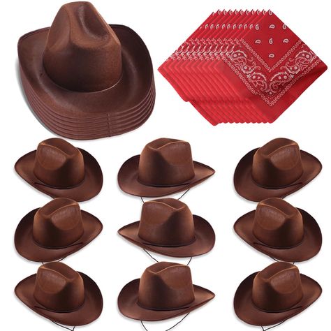 PRICES MAY VARY. Package Includes: you will receive 24 western cowboy hats and 24 red paisley bandannas, which are enough to meet your large party dress needs; Classic colors will never go out of style, suitable for parties, games, etc Quality Material: these cowboy cowgirl hats are made of quality felt material, and the bandanas are polyester printed squares, adding atmosphere to western themed parties; Cowboy hat set fabric is comfortable and reliable, and the shape is classic and versatile; S Up Halloween Costume, Dress Up Halloween, Up Halloween Costumes, Western Theme Party, Western Party, Western Parties, Western Cowboy Hats, Cowboy Party, Kids Dress Up