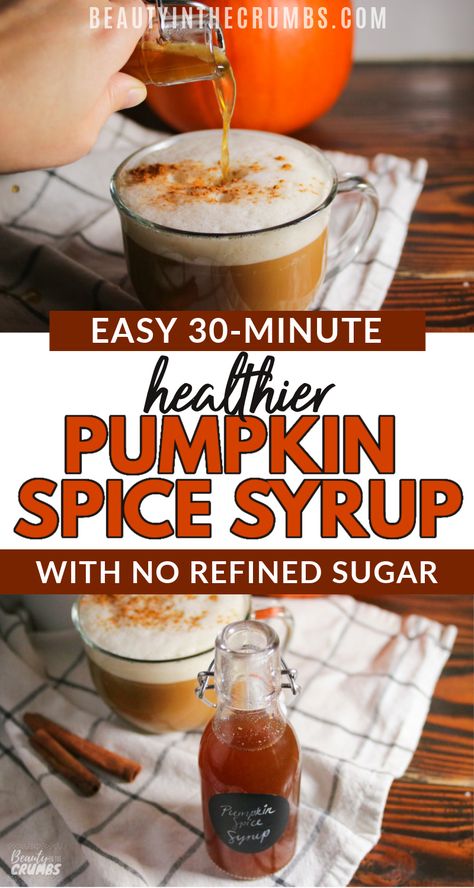 Learn how to make your own healthy pumpkin spice syrup recipe at home! A frugal and deliciously cozy was to drink pumpkin spice lattes all season at home. Check out my tip for the easiest clean up ever! HINT: There's no straining involved and no grainy pumpkin chunks. #pumpkinspicesyrup #pumpkinspicelatte #pumpkinspicerecipe #coffee #frugaltips #healthydrinks Healthy Pumpkin Syrup For Coffee, Healthy Pumpkin Syrup, Vegan Pumpkin Syrup For Coffee, Diy Pumpkin Spice Syrup For Coffee, Pumpkin Sauce For Coffee Healthy, How To Make Pumpkin Syrup For Coffee, Pumpkin Maple Syrup Recipes, Sugar Free Pumpkin Syrup For Coffee, Healthy Pumpkin Spice Sauce