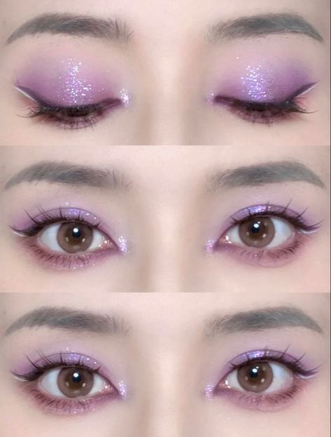 Natural 15 Makeup, Subtle Rainbow Eyeshadow, Cute Purple Eye Makeup, Purple Makeup Looks Asian, Kpop Purple Makeup, Korean Purple Eye Makeup, Purple Makeup Blue Eyes, Makeup With Purple Outfit, Purple Eye Makeup Douyin