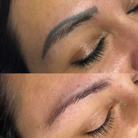 PMU and Microblading Removal Before and After Gallery Permanent Makeup Removal, Eyebrow Tattoo Removal, Easy Diy Wall Hanging, Bad Eyebrows, Permanent Makeup Eyeliner, Vintage Style Tattoos, Corrective Makeup, Eyelashes And Eyebrows, Geometric Sleeve Tattoo