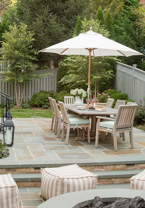 Patio. Patio Stone. Patio Stone Ideas. #Patio #PatioStone Outdoor Landscape Design, Table With Umbrella, Bluestone Patio, Patio Flooring, Beautiful Patios, Patio Landscaping, Pergola Plans, Pergola Patio, Pergola Designs