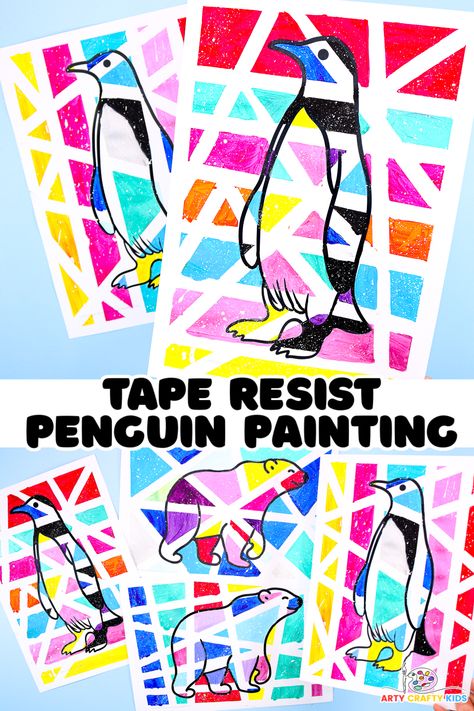 Create a beautiful tape resist penguin painting with the kids this Winter! A super fun and easy art project for kids of all ages, which takes the traditional tape resist art process a step further! Complete with templates. Art Ideas For Primary School, Art Ideas For Classroom, Winter Art For Elementary Students, February Projects For Kids, Watercolor Art Projects Middle School, Hot Cocoa Art Project For Kids, Winter Art For Kids Preschool, Penguin Art Project, Kids Winter Art Projects