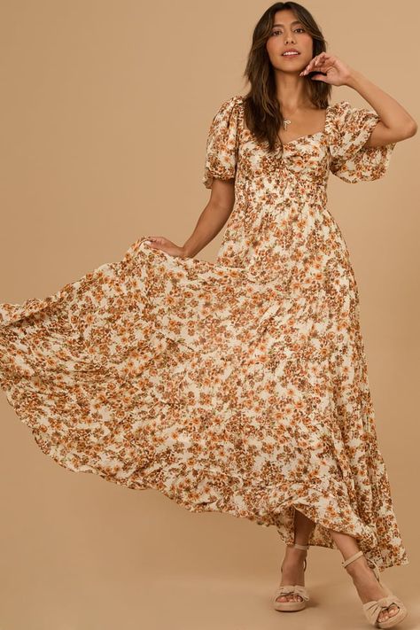 This stunning floral maxi dress is crafted from beautiful flowy material that is lightweight and breathable. It is hugs in all the right places and will become a go-to in your closet. Maxi Fall Dress, Fall Dresses For Family Pictures, Bow Top Dress, Vintage Floral Dresses, Modest Fall Dresses, Fall Party Dress, Maxi Dress Fall, Event Attire, Printed Bridesmaid Dresses