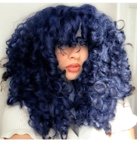 Blue Coily Hair, Bright Blue Hair Aesthetic, Dark Blue Hair Curly, Dark Blue Curly Hair, Blue Curly Hair, Blue Afro, Icy Blue Hair, Blue Curls, Oc Hair