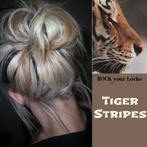 tiger hair color | Tiger Stripes Hair Colour Inspiration - Blonde Brown Black ♡ Rock ... Tiger Stripes Hair, Hair Colour Inspiration, Tiger Hair, Rock Your Locks, Fall Blonde Hair, Medium Hair Color, Hair Highlights And Lowlights, Hair Color Purple, Shades Of Blonde