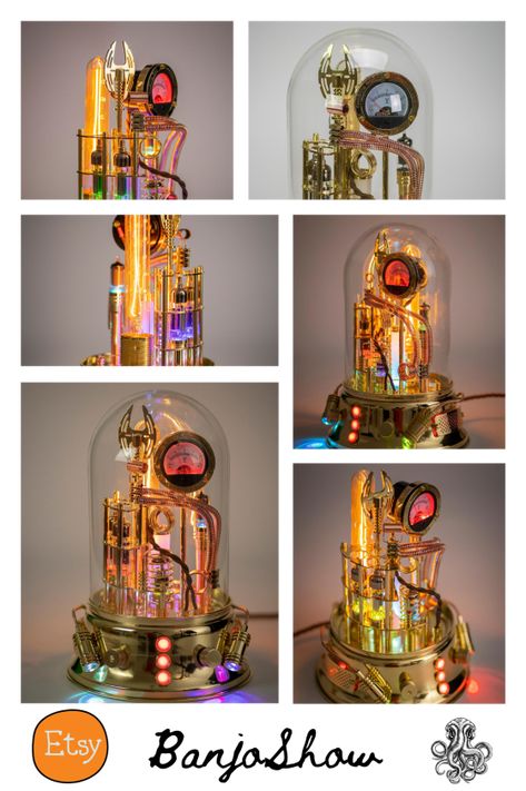 Steampunk Lamp Erebus Art Sculpture with Glass Display Dome and working Voltmeter. Glass Dome Display, Steampunk Lamp, Vintage Radio, Vintage Lamps, Glass Domes, Sculpture Art, Novelty Lamp, Table Lamp, Sculpture