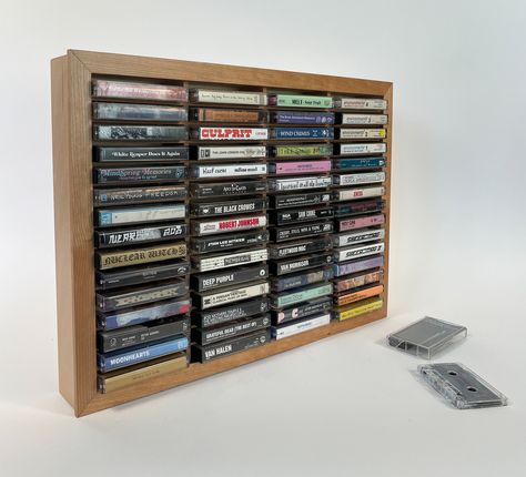 Cassette Display, Cassette Tape Holder, Retro Shelves, Vinyl Aesthetic, Cnc Furniture, Rack Storage, Cassette Tape, Cool Inventions, Wooden Shelves