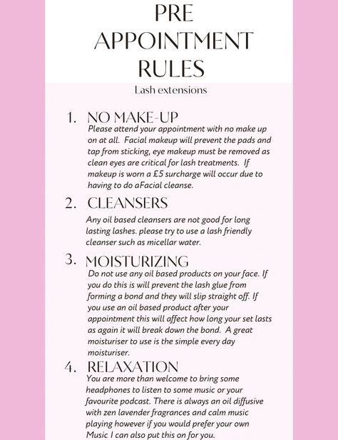 Lash Extension Thickness Guide, Pre Appointment Lashes, Lash Extensions Appointment, Lash Extensions Rules, Prep For Lash Appointment, Preparing For Lash Appointment, Start Lash Business, Everything You Need To Know About Lash Extensions, Policies For Lash Tech