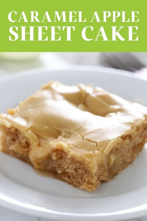 Salted Caramel Apple Sheet Cake features an ultra tender, slightly spongey, homemade cinnamon apple cake with an easy, thick and shiny salted caramel glaze. Perfect dessert recipe for serving a crowd during the holidays - Halloween, Thanksgiving, Christmas, you name it! Apple Sheet Cake Recipe, Caramel Apple Sheet Cake, Thanksgiving Desserts For A Crowd, Apple Sheet Cake, Salted Caramel Glaze, Cinnamon Apple Cake, Coconut Sheet Cakes, Best Birthday Cake Recipe, Vanilla Sheet Cakes