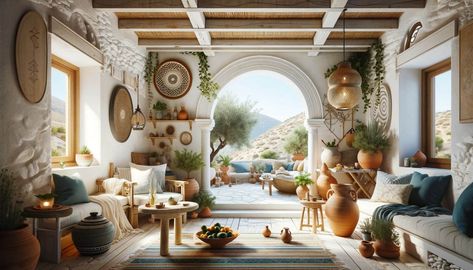 How to Create Mediterranean Oasis: 25 Greek Interior Design Greek House Interior, Modern Mediterranean Interior Design, Greek Interior, Greek Bedroom, Greek Style Home, Mediterranean Style Interior, Greek Interior Design, Interior Design Mediterranean, Rustic Wooden Furniture