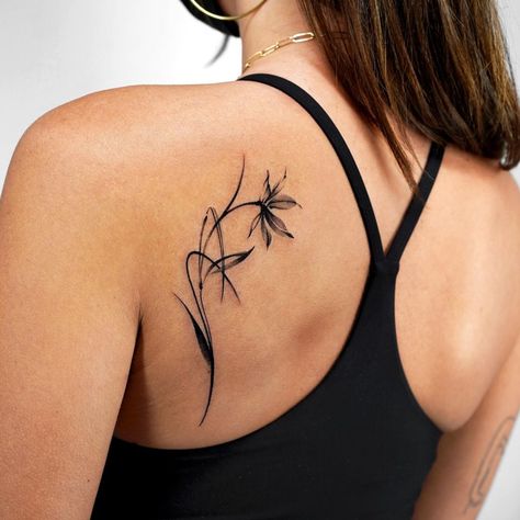 Flower Stalk Tattoo, Gardener Tattoo Ideas, Womens Flower Tattoos, Long Stem Flower Tattoo, Women Upper Arm Tattoo, Upper Arm Flower Tattoo, Flower Tattoo Upper Arm, Xray Flower Tattoo, Upper Back Tattoo Women