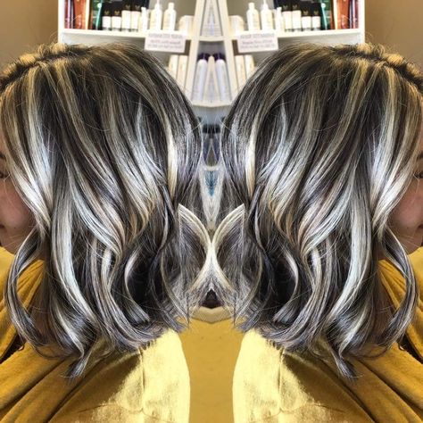 #angledbob #highlights #lowlights  Hair by: Sharon Teceno Lowlights Hair, Hair Highlights And Lowlights, Highlights Lowlights, Covering Gray Hair, Dark Hair With Highlights, Brown Hair With Blonde Highlights, Blending Gray Hair, Gray Hair Highlights, Low Lights Hair