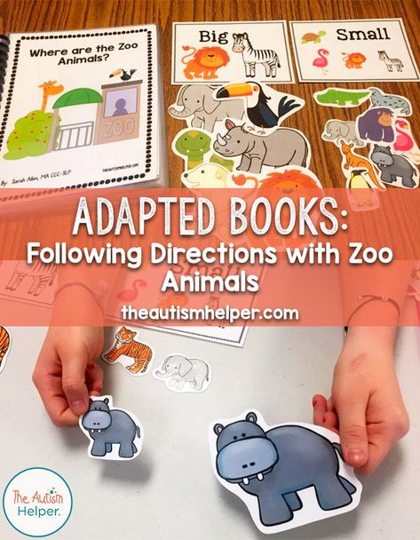 Following Directions with Zoo Animals Manding Aba Activities, Play Therapy Activities For Children, Adaptive Books, Following Directions Activities, Play Therapy Activities, Speech Therapy Games, Speech Language Activities, Slp Activities, Therapy Games