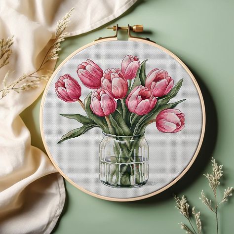 Cross Stitch design Pink Tulip Bouquet, Tulip Cross Stitch, Floral Bouquet Embroidery, Pink Tulips Bouquet, Bouquet Embroidery, Tulips Bouquet, Portrait Cross Stitch, Unique Cross Stitch, Cross Stitch Modern