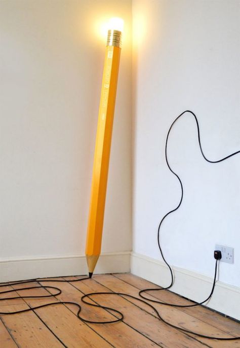 HB Floor Lamp: Is anything more recognizable than a standard yellow HB pencil? These would definitely make fun floor lamps for a library, school, or a creative commercial setting. The cord extends from the tip of the pencil resulting in endless possibilities for fun doodles. Colorful Eccentric Decor, Eclectic Style Home Decor Ideas, Wierd Decor, Wacky Decor, Weird Interior, Crazy Home Decor, Wacky Furniture, Quirky Lamps, Food Furniture