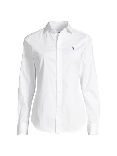 Polo Ralph Lauren Kendall Long-Sleeve Button-Front Blouse in White Cotton - $ 98.50 White Shirt Ralph Lauren, Polo Ralph Lauren White Shirt, Ralph Lauren Button Up, White Polo Outfit Women Long Sleeve, White Polo Outfit Women, White Polo Outfit, White Ralph Lauren Shirt, Ralph Lauren Shirt Women, Polo Shirt Outfits