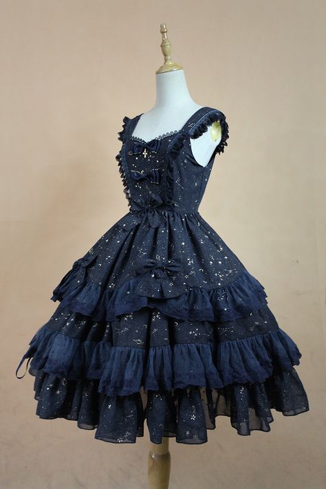 #Vestid Cute Dark Blue Dress, Dark Blue Outfits, Mode Harajuku, Gaun Abad Pertengahan, Lolita Outfits, Classic Lolita, Dark Blue Dress, Beauty Dress, Golden Star