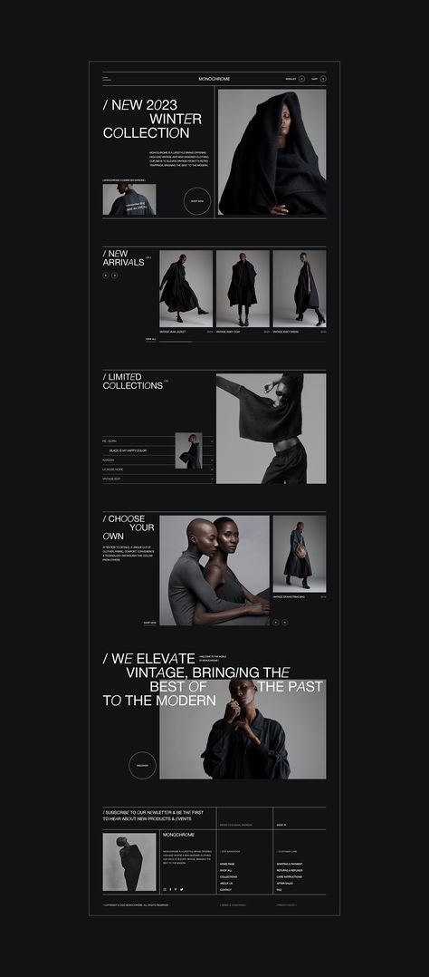 MONOCHROME on Behance Black Web Design Inspiration, Fashion Designer Website Design, Black On Black Graphic Design, Dark Website Design Layout, Black And White Website Design Layout, Monochromatic Website Design, Cloth Website Design, Dark Mode Website Design, Fashion Site Design