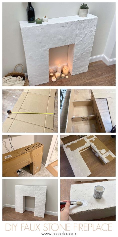 Diy Fireplace With Boxes, Build Faux Fireplace Diy, Creating A Fake Fireplace, Renter Friendly Diy Faux Fireplace, Faux Fireplace Cardboard, Diy Fireplace Boxes, Diy Fireplace Craft, Diy Fake Mantle, Diy Fireplace For Christmas