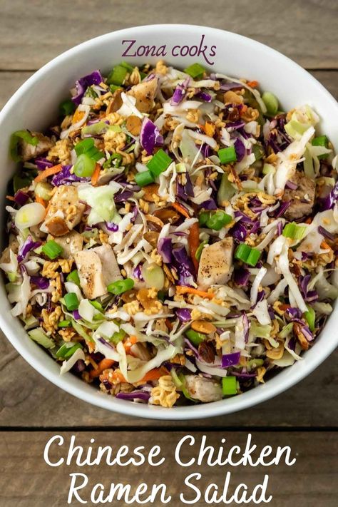 This Chinese Chicken Ramen Salad is quick and easy to make. It’s crunchy with a hint of sweetness and super delicious. Cooked chicken is added to crunchy toasted ramen noodles, sliced almonds, coleslaw mix, green onions, and sesame seeds topped with a delicious homemade dressing. Add a sprinkle of cayenne for some spicy heat. This Chicken Ramen Noodle Recipe makes a great lunch, dinner, or date night meal for two. Coleslaw With Ramen Noodles, Ramen Coleslaw, Chicken Ramen Noodle Recipes, Chinese Salad, Chicken Salad Dressing, Chinese Chicken Salad Recipe, Ramen Salad, Ramen Noodle Salad, Coleslaw Salad