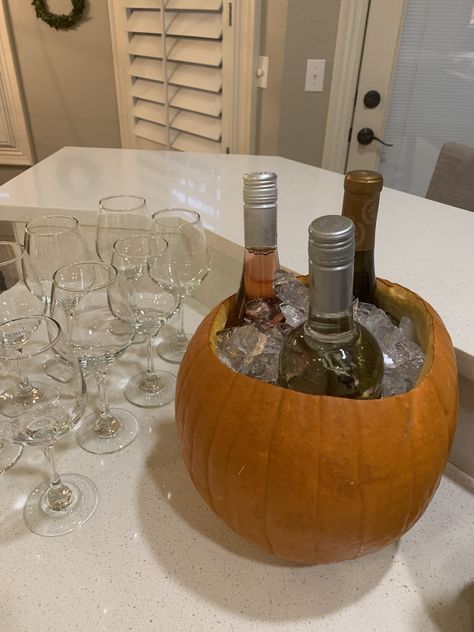 Halloween Wine And Cheese Party, Pumpkin Ice Bucket, Pumpkin Bachelorette Party, Halloween Wine Night Ideas, Wine In Pumpkin, Halloween Drink Display, Fall Pumpkin Carving Party, Pumpkin Paint And Sip Party Ideas, Pumpkins And Prosecco Party