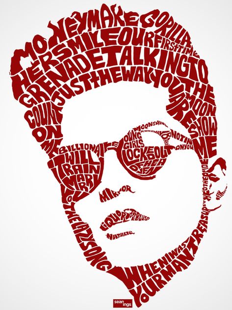 Bruno Mars | Pop Star Portraits Made From Their Famous Lyrics Sean Williams, Typographic Portrait, Typography Portrait, Inspiration Typographie, 타이포그래피 포스터 디자인, Charcoal Drawings, Creative Typography, Conceptual Design, Text Art