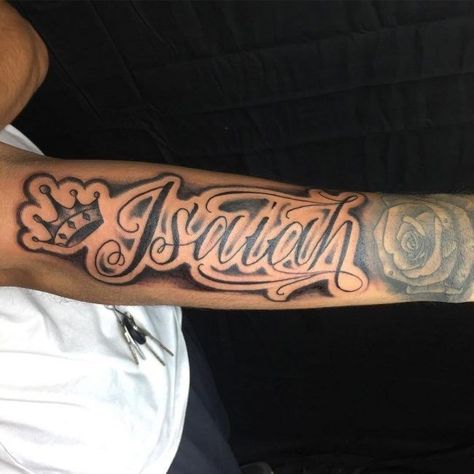 Tattoo Ideas For Men For Mother, Different Neck Tattoos, Isaiah Name Tattoo Ideas, Isaiah Tattoo, Forearm Name Tattoos, Forearm Tattoo Quotes, Names Tattoos For Men, Tattoo Lettering Design, Omerta Tattoo