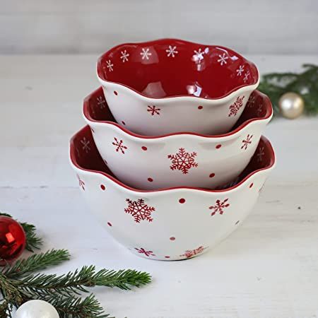 Amazon.com | Euro Ceramica Winterfest Christmas Collection, 3-Piece Stacking Serving Bowls Set, Snow Flake Design, Snowflake (WFT-86824): Serving Bowls Flower Brown, Christmas Bowl, Snow Flower, Christmas Entertaining, Dessert Bowl, Snow Flake, Festive Treats, Sparks Joy, Nesting Bowls