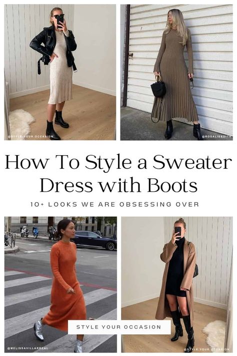 Wondering how to style sweater dress with boots? See these sweater dress outfit ideas for fall and winter with different dress and boot styles. Wear this look for Thanksgiving or Christmas, or for a casual day of the week. Oatmeal Sweater Dress Outfit, Long Grey Sweater Dress Outfit, Knitted Dress And Boots, Beige Sweater Dress Outfit Winter, Sweater Dress With Scarf, Midi Dress With Sweater Over It, Winter Boots With Dress, Winter Dress And Boots, Styling A Sweater Dress