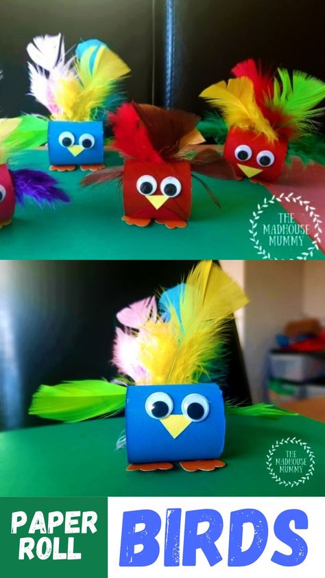 Parrot Toilet Paper Roll Craft, Birds Craft For Preschoolers, Pre K Bird Craft, Library Crafts For Preschoolers, Toilet Paper Roll Dragon, Blue Bird Craft, Nature Theme Crafts Preschool, Bug Crafts For Toddlers Easy, Recycled Animal Projects