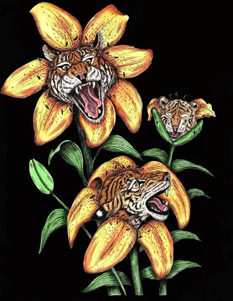 Tiger faces come roaring to life as the flowers bloom in this original artwork made with ink and Copic markers by me! I prepared this for print digitally to make sure the black background is solid. The prints are on 100% cotton bright white fine art paper that is acid-free and archival pigmented inks to ensure preservation. I sign each one on the back. Ships in a cellophane sleeve with backer board in a stay-flat rigid envelope. If you would like a different size please message me...I can accomm Tiger Lily Tiger, Fantasy Tiger, Tiger Lily Flowers, Tiger Flower, Tiger Illustration, Disney Collage, Lily Flowers, Lily Bloom, Backer Board