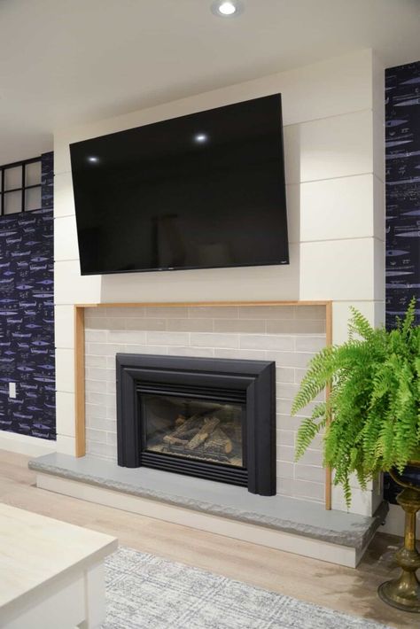 Update Gas Fireplace, Chic Basement, Brick Fireplace Remodel, Stone Fireplace Makeover, Hearth Tiles, Fireplace Facing, Diy Fireplace Makeover, Fireplace Update, Basement Layout