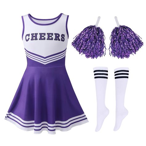 PRICES MAY VARY. Girls Cheerleader Outfit Set: 1 pc girls halloween party uniform, 1 pair calf knee high socks, 2 pack cheerleading pompoms. Suitable for 3-12 years girls. Comfortable Fabric: made of polyester and spandex, soft, lightweight, good elasticity, comfortable to wear. Bright colors make your girl full of energy and become a lovely and beautiful cheerleader. Party Dress Up: Cheerleading outfits are suitable for Halloween party outfits, Christmas outfits, sports, games, theme parties, r Purple Cheerleader Uniform, Cheerleader Party, Kids Cheerleading, Girls Cheerleader Costume, Cheer Costumes, Cheerleading Pom Poms, Cheerleader Skirt, Cheerleader Outfit, Lady Danger