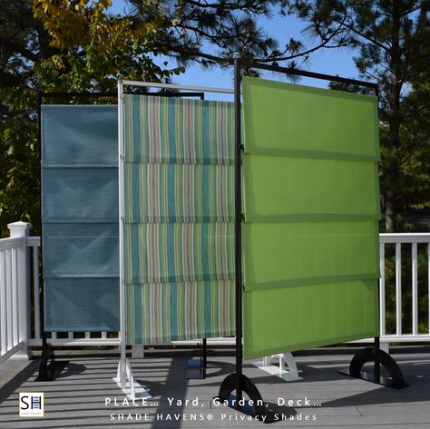 Diy Privacy Screens Outdoor, Sun Shade Privacy Screen, Privacy Shades Outdoor, Portable Outdoor Privacy Screen, Homemade Privacy Screens, Townhome Privacy Ideas, Movable Outdoor Privacy Screen, Fabric Privacy Screen Outdoor, Diy Backyard Privacy Screen