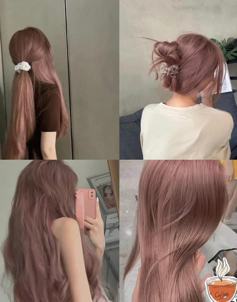 Coquette Hair Color Ideas, Light Color Hair Dye, Ashy Rose Hair, Muted Pink Hair Color, Ash Peach Hair, Hair Dye Inspo Natural, Milk Tea Purple Hair, Ash Rose Gold Hair, Lavender Red Hair