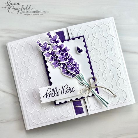 Susan Campfield, Lavender Stamp, Stampin Up Karten, Fancy Fold Card Tutorials, Daisy Cards, Purple Cards, Birthday Cards For Women, Fold Cards, Fancy Fold Cards