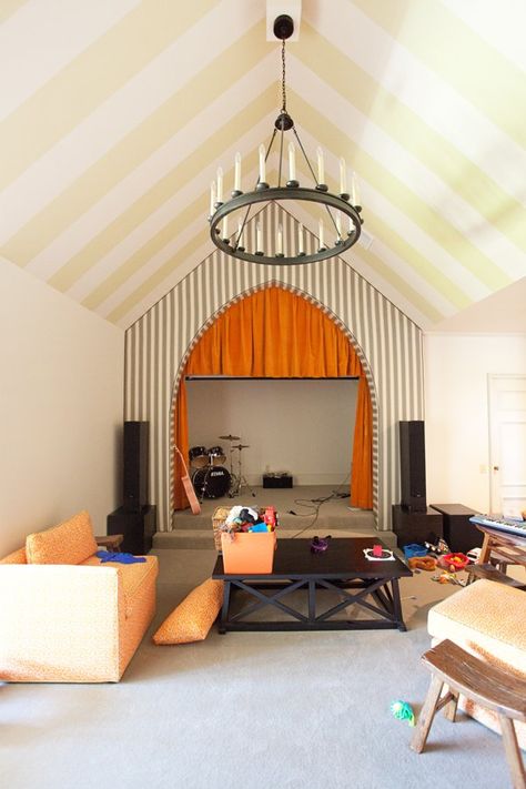 Playroom And Theater Room, Playroom Stage Ideas, Kids Stage In Playroom, Kids Play Stage, Playroom Ceiling, Playroom Stage, Cool Loft Beds, The Lettered Cottage, Lettered Cottage