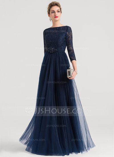 [R 2400] A-Line/Princess Scoop Neck Floor-Length Tulle Evening Dress With Beading (017147949) Lace Evening Dresses With Sleeves, Krishna Birth, Sapphire Dress, Tropical Dresses, Net Gowns, Cape Wedding Dress, Tulle Evening Dress, Long Dress Design, Mother Of Groom Dresses