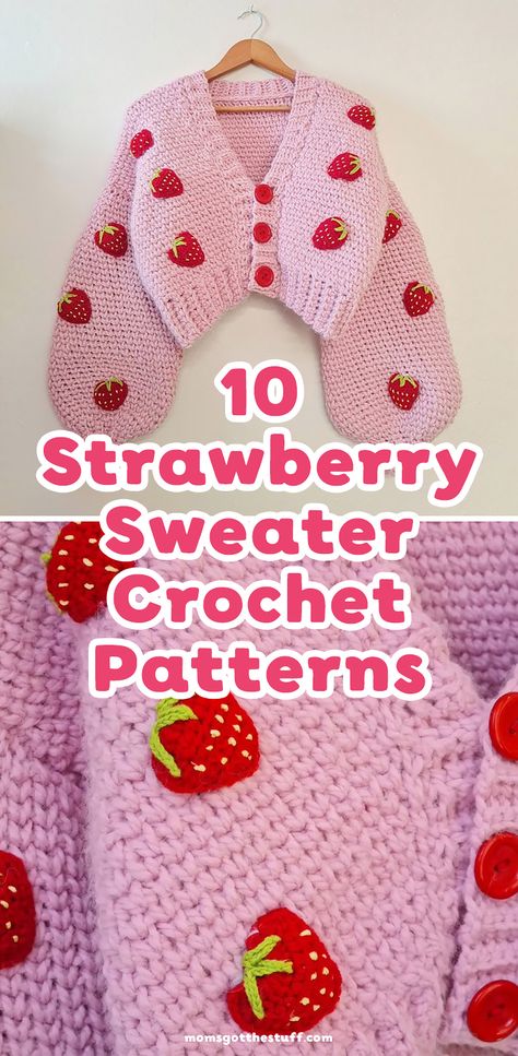 Get ready to create something incredibly cute with these sweet strawberry crochet sweater patterns. Whether you are looking to make something special for yourself or a loved one, this quick and easy crochet pattern is just perfect. Crochet Patterns For Gifts Ideas, Crochet Sweater Strawberry, Kawaii Crochet Clothes Pattern Free, February Crochet Ideas, Strawberry Sweater Crochet Pattern, Crochet Strawberry Cardigan Pattern Free, Strawberry Crochet Cardigan Pattern, Strawberry Crochet Blanket Pattern, Easy Crochet Strawberry