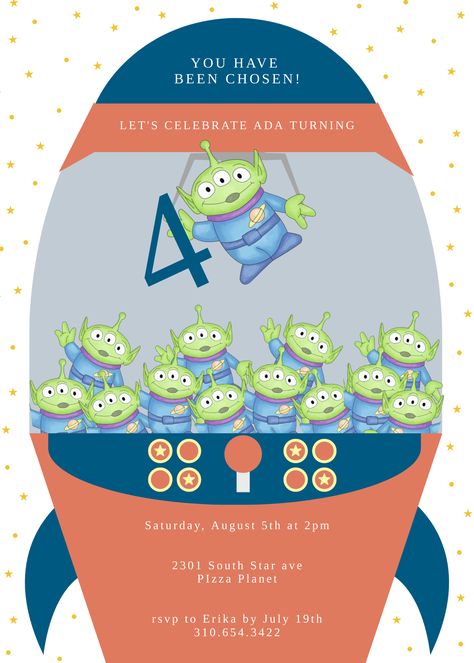 Toy Story Invite, Pizza Planet Birthday Party, Pizza Planet Party, Buzz Birthday, Alien Birthday Party, Alien Birthday, Toy Story Pizza Planet, Planet Birthday, Planet Party