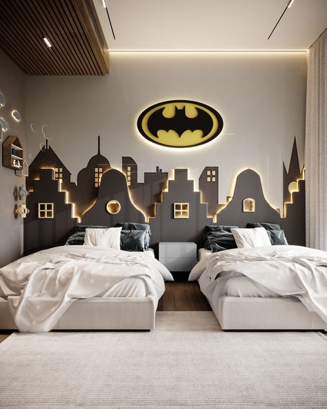 Batman Bedroom Ideas Boys, Kids Bedroom Boys Theme Rooms, Batman Themed Bedroom, Shared Bedroom Ideas, Batman Bedroom, Bedroom Ideas For Kids, Batman Room, Sibling Room, Kids Rooms Inspo